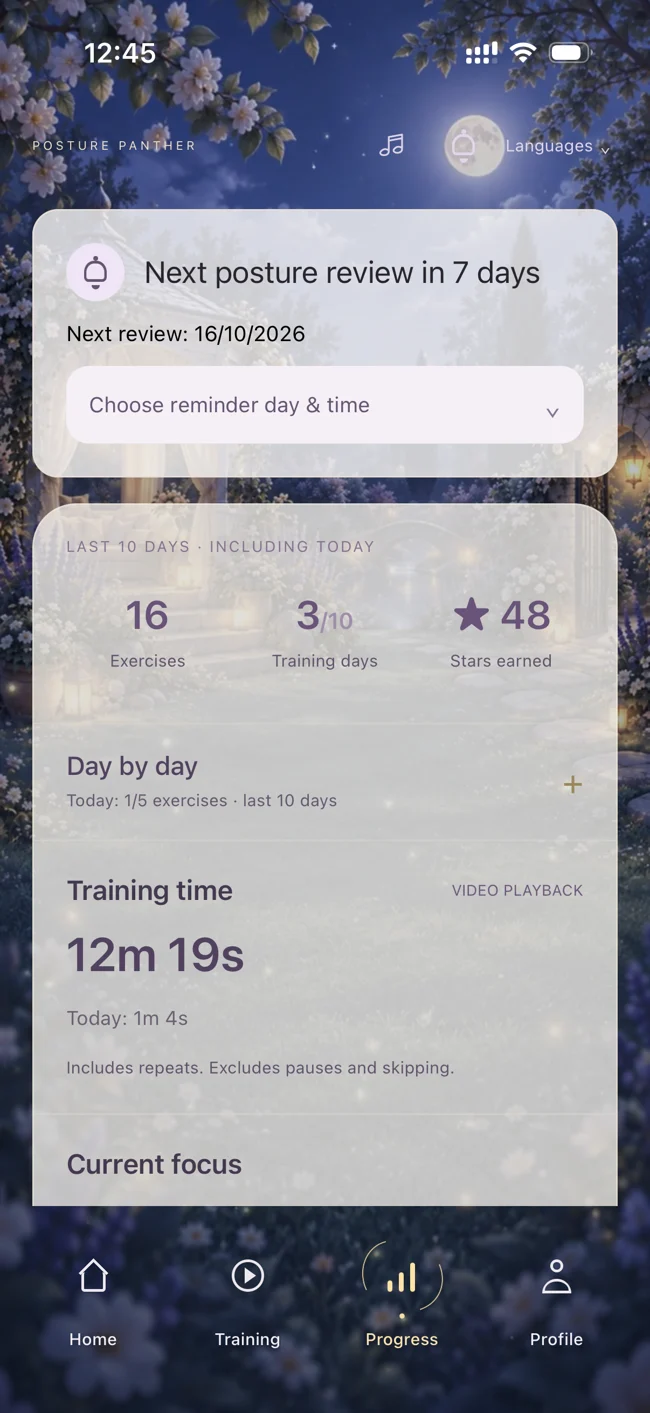 The parent progress screen showing practice days, completed exercises and training time
