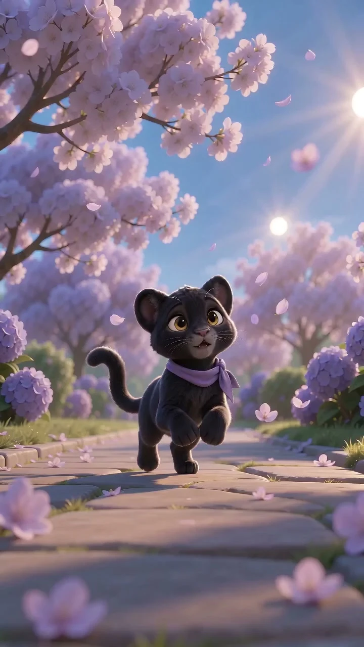 Panther in a sunlit garden beneath pink blossom trees